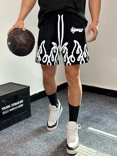 DIOTSR Mens Flame Graphic Basketball Shorts Drawstring Running Workout Shorts Summer Cool Casual Shorts (05 Black & White,Large)