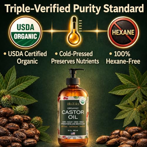 USDA Organic Castor Oil, 100% Pure Cold-Pressed Hexane-Free, 16 Oz