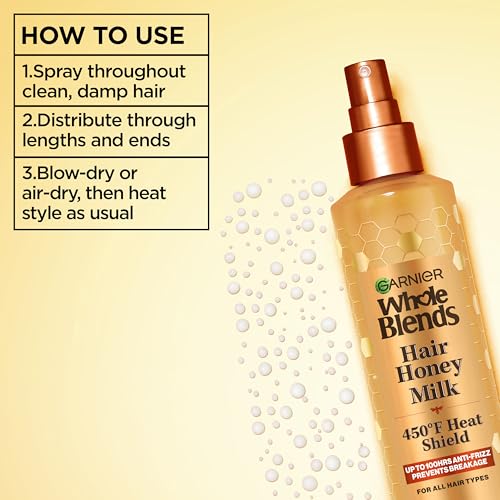 Garnier Whole Blends Hair Honey Milk 450F Heat Protectant Spray, For All Hair Types With Up To 100 Hrs of Frizz Control, 8.5 Fl Oz, 2 Count