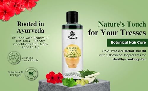 Raslok Bhringraj Hair Oil 6.76 fl oz –200ml | Ayurvedic Botanical Blend with Amla, Neem, Hibiscus & Brahmi | Cold-Pressed | Non-GMO | No Mineral Oil | Made in India