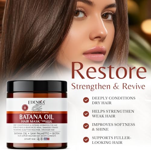 EDENIKA BOTANICALS Batana Hair Mask with Batana Oil for Hair Growth, Biotin, Saw Palmetto & UltraGro B5 Complex, Deep Conditioning Hair Treatment for Fuller, Thicker-Looking Hair, Sulfate-Free