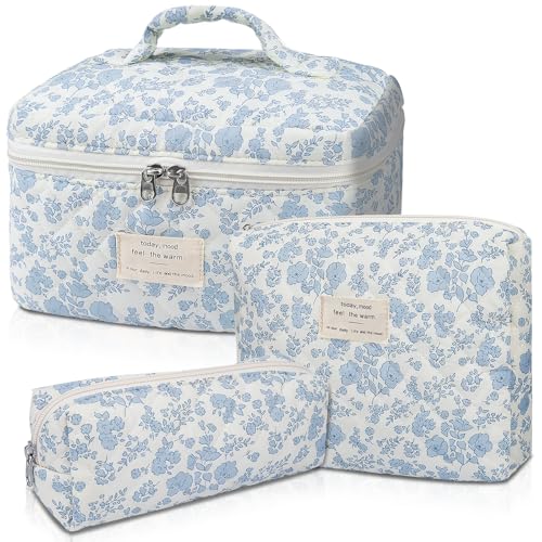 Gosect Makeup Bag, Large Quilted Cosmetic Bag, Big Floral Make Up Bag for Women Girls, Cute Cotton Makeup Bag Set, Flower Travel Toiletry Organizer Bag (Blue Flower)