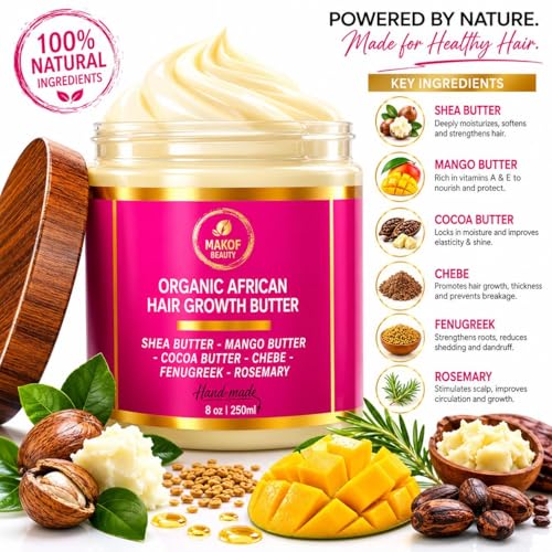 Chebe Hair Growth and Thickening Butter - Ayurvedic Deep Conditioner with Shea, Cocoa, Mango Butter, Fenugreek, and Rosemary for All Hair Types, 8 oz
