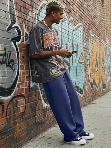 JMIERR Mens Baggy Sweatpants Drawstring Wide Leg Sweat Pants with Pockets Quiet Luxury Big and Tall, 3XL, Bluing