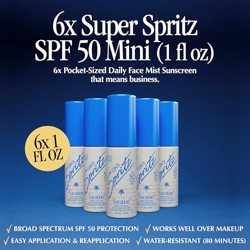 Vacation Mini Super Spritz SPF 50 Face Sunscreen Spray, Pack of 6