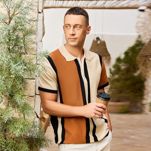 Men's Fashion Knit Polo Shirts Vintage Striped Knitting Shirts Ribbed Slim Fit Golf Shirts Deep Apricot