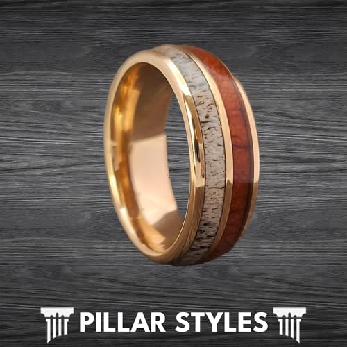 18K Rose Gold Deer Antler and Koa Wood Rings for Men Wedding Band Tungsten Rings with Wooden Inlay 8mm Elk Stag Rustic Anniversary Gifts for Him