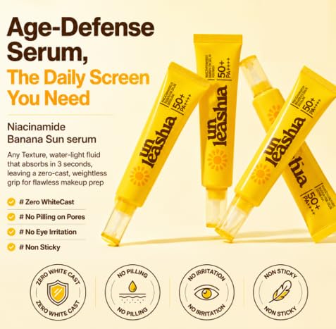 Unleashia Niacinamide Banana Sun Serum SPF Sunscreen, Glow & Brightening & Hydrating, No White Cast Lightweight Face Sunscreen, Fast Absorbing, Non-Sticky 1.35 oz