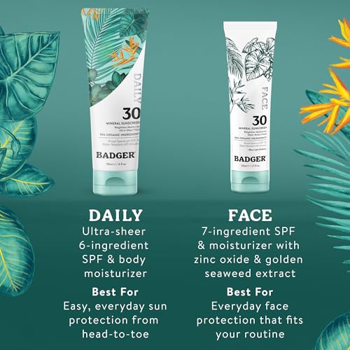 Badger Mineral Daily Sunscreen with Zinc Oxide, SPF 30, Lightweight & Easy to Apply w/No White Cast, Moisturizing Organic Sunscreen, Reef Safe, Vegan, Unscented, 4 fl oz