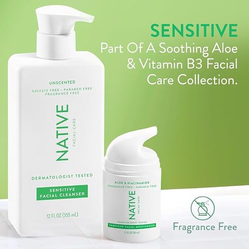Native Sensitive Face Wash, Spa Day Every Day Facial Cleanser (2 Pack) | Daily Face Cleaner with Aloe and Vitamin B3, Unscented, 12 fl oz
