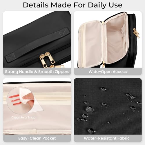 HauteHues Travel Makeup Bag for Women, Large Capacity Cosmetic Organizer & Toiletry Bag with Wide-Open Design, with Brush Holders & Compartments, Waterproof Case for Makeup & Skincare, Black