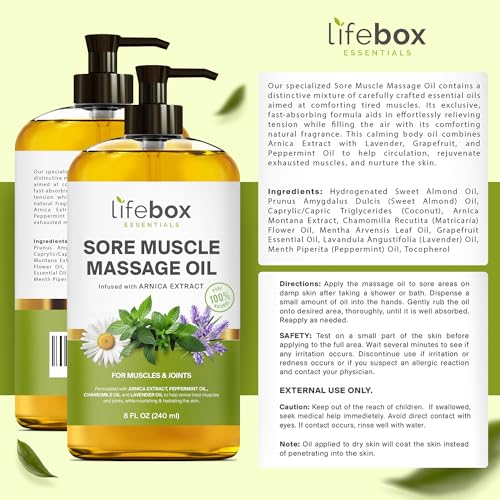 Arnica Sore Muscle Massage Oil – 100% Pure & Natural - Massage Therapy for Muscles & Joints – Body Oil Infused with Arnica Extract, Lavender Oil, Peppermint Oil & Chamomile Oil – 8 FL OZ
