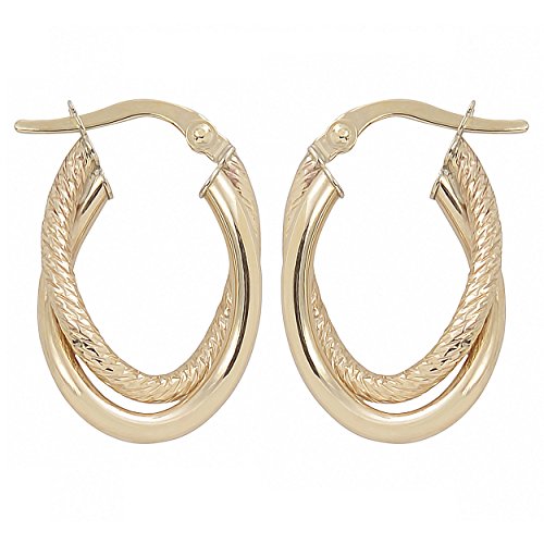 10k Yellow Gold Polish and Texture Overlapping Double Hoop Earrings