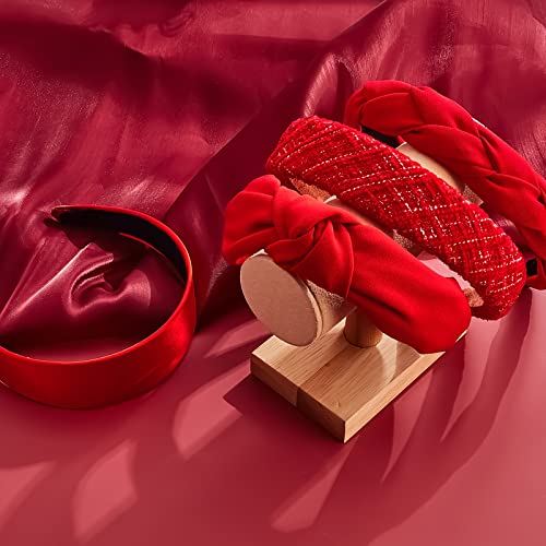 Taiyin 4 Pack Red Headbands for Women, Knotted & Braided Satin Velvet Hairbands, Non Slip Criss Cross Wide Headband Set, Bridal Fashion Hair Accessories, Gift for Mom Women Girls
