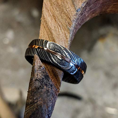 New 7mm Wide Damascus Steel Ring with 14k Solid Rose Gold Inlay