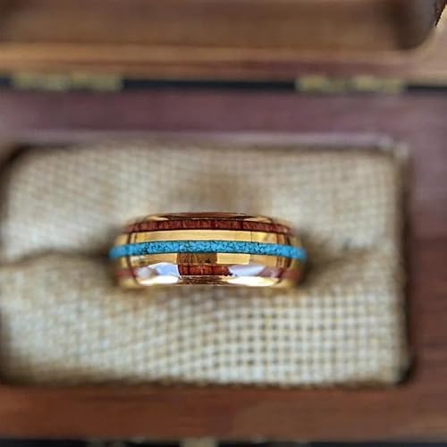 Turquoise Ring 14K Gold Wedding Bands Koa Wood Tungsten Rings for Men with Turquoise Inlays 8mm Unique Yellow Gold Rings Wooden Anniversary Gifts for Him