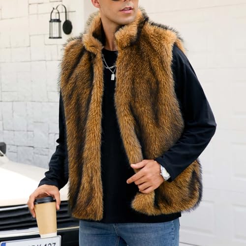 Cambkatl Men's Luxury Faux Fur Vest, Winter Furry Sleeveless Jacket Open Front Cardigan Coats Warm Outerwear