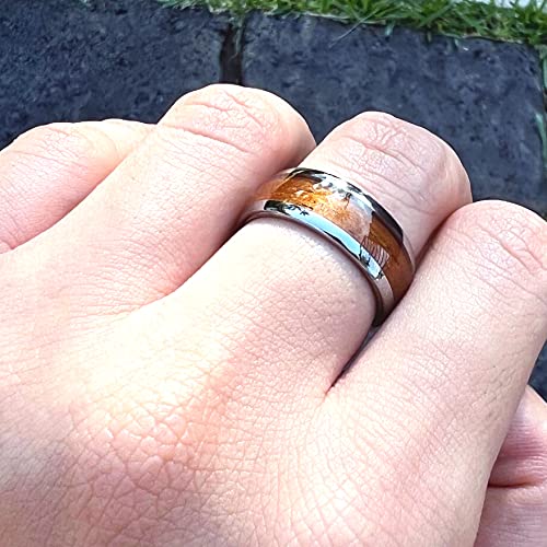 Tungsten Carbide Genuine Natural Hawaiian Koa Wood Tree Inlay Comfort Fit Ring 8mm 6mm 4mm Wedding Band Dome Style High Polished Finish with Gift Box Included (8mm Tungsten, 10)