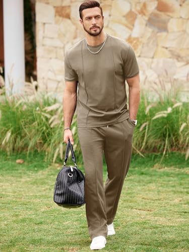 JMIERR 2 Piece Set for Men 2026 Crewneck Drawstring Tracksuit Summer Vacation Athletic Texture Sportwear Suits,S,Khaki