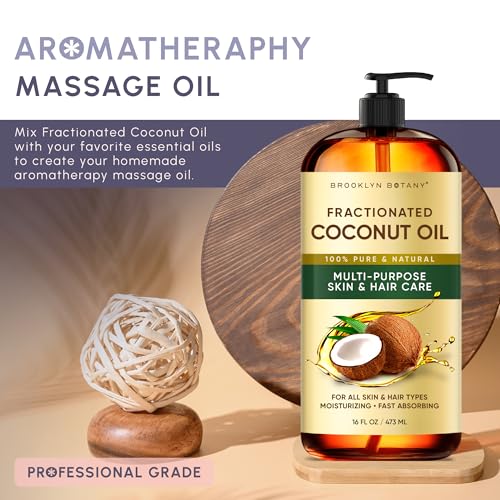 Brooklyn Botany Fractionated Coconut Oil | 16 Fl Oz | Hair | Face | Body | 100% Pure and Natural | Carrier Oil | Aromatherapy | Massage | Ayurvedic Hair Care | Hexane-Free
