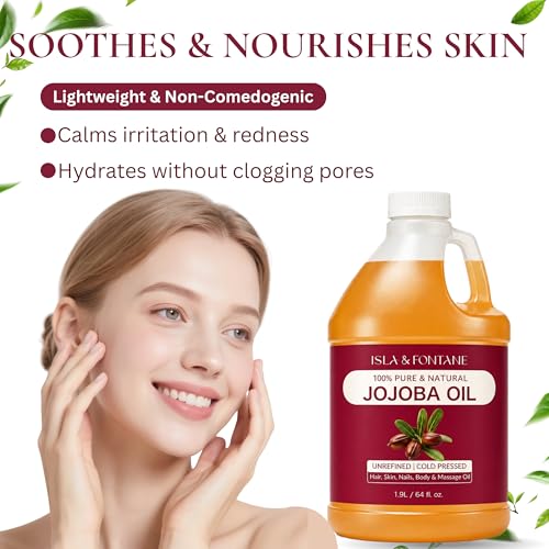 ISLA & FONTANE Jojoba Oil – 64 fl oz | 100% Pure & Natural | Golden, Unrefined, Cold Pressed | Hexane-Free Carrier Oil for Skin, Hair, Face, Nails & Body Moisturizing
