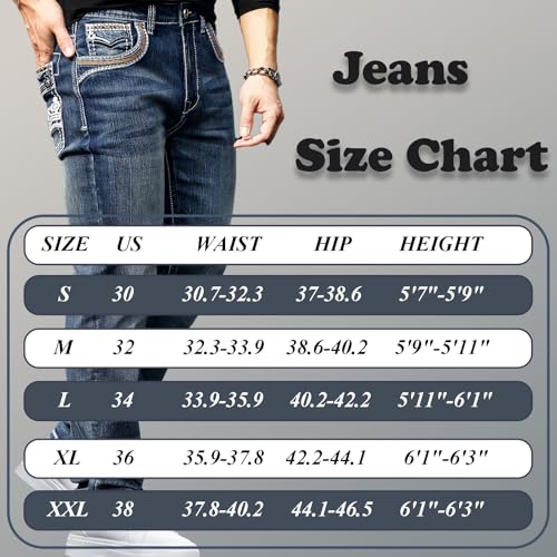 Men's Jeans - Embroidery Washed Crackle Design Jeans Relaxed Fit Stretch Casual Jeans Comfortable Classic Fit Jeans (US, Waist, 34, Regular, Blue)