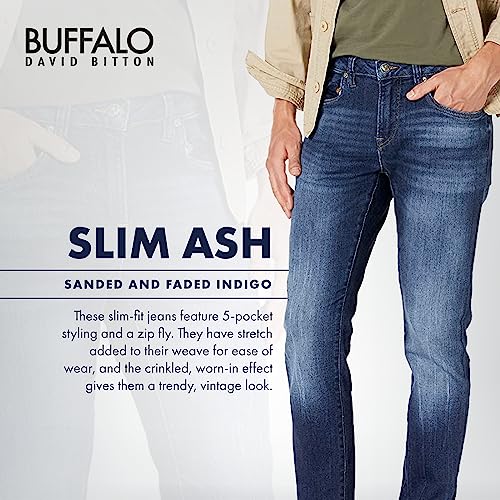 Buffalo David Bitton Men's Slim Ash Jeans, Sanded and Faded Indigo, 36W x 32L
