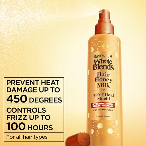 Garnier Whole Blends Hair Honey Milk 450F Heat Protectant Spray, For All Hair Types With Up To 100 Hrs of Frizz Control, 8.5 Fl Oz, 2 Count