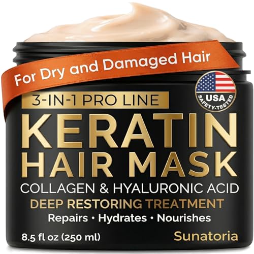 SUNATORIA Keratin Hair Mask - Deep Repair for Dry, Damaged Hair - Hydrolyzed Keratin, Hyaluronic Acid, Argan Oil and Collagen - Sulfate-Free, Paraben-Free | 8.5 fl oz