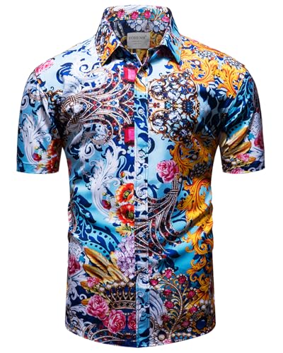 fohemr Mens Luxury Shirts Gold Chain Print Dress Shirt Baroque Short Sleeve Casual Button Down Design buchona Shirts Blue Medium