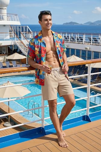 COOFANDY Mens Swim Trunks 7 Inch Board Shorts Swimwear Summer Beach 5 Inch Quick Dry Lined Bathing Suits Khaki Tan