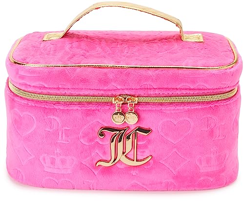Juicy Couture Hot Pink Makeup Bag Cosmetics Organizer Travel Essentials Train Case Velour Heart Crown