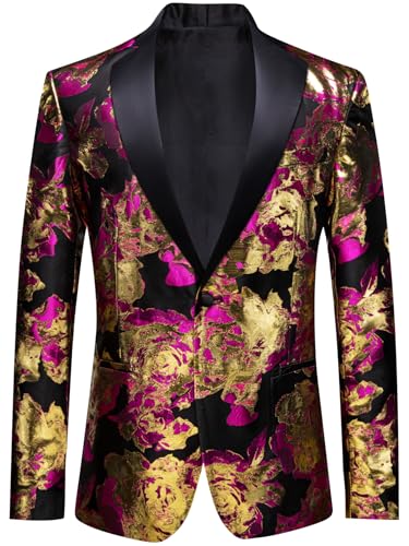 Barry.Wang Mens Gold Suit Flowers Blazer Pink Jacket Floral Jacquard Notched Lapel Tuxedo Luxury Sport Coat Anniversary Cruise Banquet