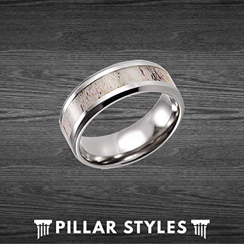 Silver Deer Antler Rings for Men Wedding Band Tungsten Ring 8mm Nature Ring with Genuine Deer Antler Inlay Couples Ring Set Antler Wedding Bands Womens Ring