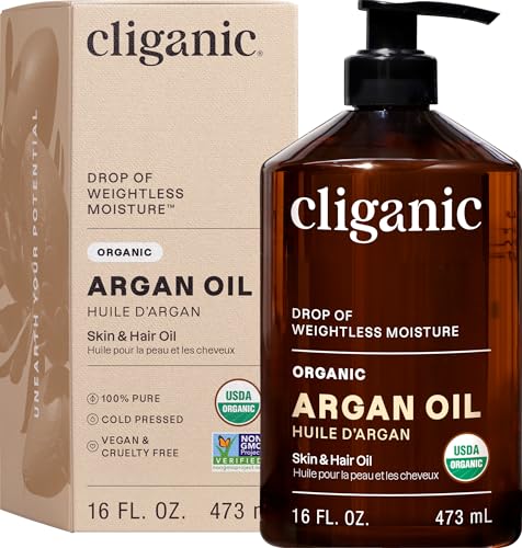 Cliganic Organic Argan Oil, 100% Pure - for Hair, Face & Skin | Cold Pressed Carrier Oil, 16 oz
