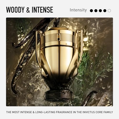 Rabanne Invictus Elixir Parfum for Men - Long Lasting Ambery Aromatic Cologne with Salted Mineral Accord, Aromatic Cypress & Vanilla Caviar - Golden Trophy Bottle French Fragrance Spray, 1.7 oz
