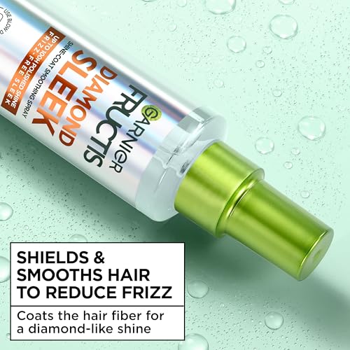 Garnier Fructis Diamond Sleek Hair Shine Spray, Up to 100-Hour Frizz Control, Heat Protectant up to 450°F with Vegan Keratin Smoothing Complex and Argan Oil for Frizzy, Dry, Dull Hair, 4.6 Fl Oz