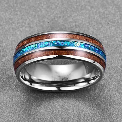 Vakki Mens Silver Tungsten Wedding Band, Blue Opal Inlay, 8mm Size 10