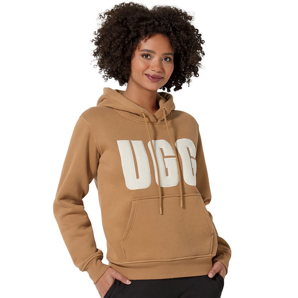 UGG Women's Rey Uggfluff Logo Hoodie Sweater, Chestnut Plaster, S