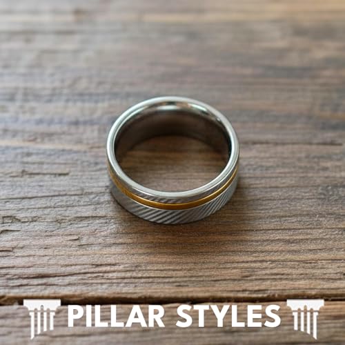 Silver Damascus Ring 14K Gold Mens Wedding Band Damascus Steel Ring with Yellow Gold Inlay 8mm Unique Two Tone Engagement Bands