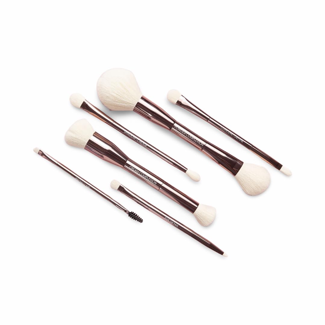 Sustainable Luxury 6 Dual-Ended Makeup Brush Set with Travel Case for a full-face application, Professional Makeup Brushes Set, Cream & Powder Complexion, Conceal/Define, Brow/Line, Crease/Eye Detail