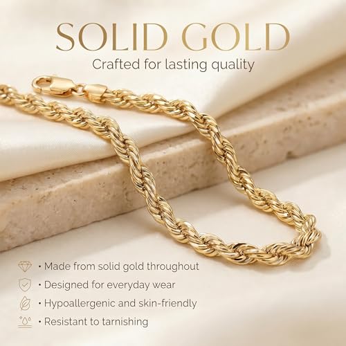 14K Solid Gold Men's Rope Chain Bracelet 8 Inches - 3MM Diamond Cut Lobster Clasp - Handcrafted in USA by Galaxy Gold