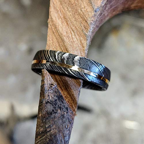 New 6mm Wide Damascus Steel Ring with 14k Solid Yellow Gold Inlay