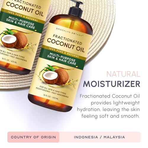 Brooklyn Botany Fractionated Coconut Oil | 16 Fl Oz | Hair | Face | Body | 100% Pure and Natural | Carrier Oil | Aromatherapy | Massage | Ayurvedic Hair Care | Hexane-Free