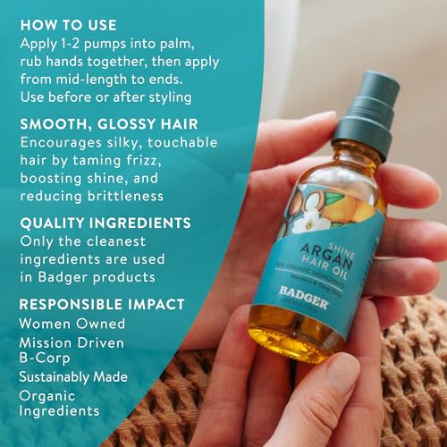 Badger Organic Argan Hair Oil, Restore a Healthy Shine to Dry Brittle Hair, Organic Moroccan Argan Oil Hair Moisturizer/Hair Serum, 2 fl oz Glass Bottle