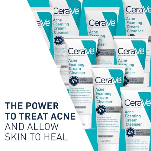 CeraVe Foaming Acne Cream Cleanser, Face Wash with 4% Benzoyl Peroxide, 5oz