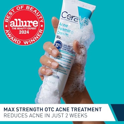 CeraVe Acne Foaming Cream Wash, 10% Benzoyl Peroxide Facial Cleanser, 5oz