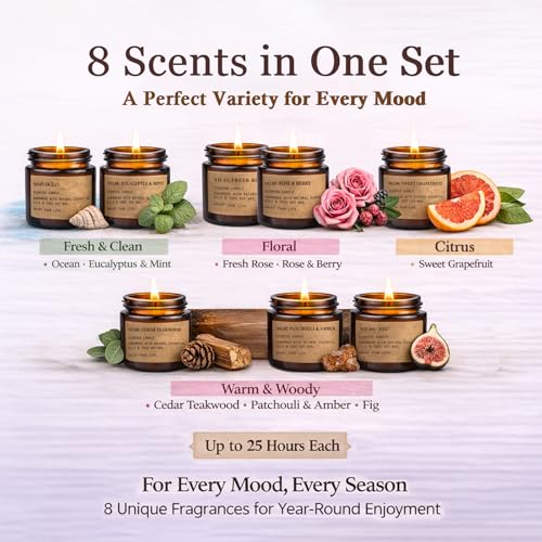 Scented Candles for Home,8 Pack Soy Wax Candle Set,Scented Candles Gift Set,Aromatherapy Candles, Amber Jar Vintage Apothecary Style, 8 Scents Gift Set