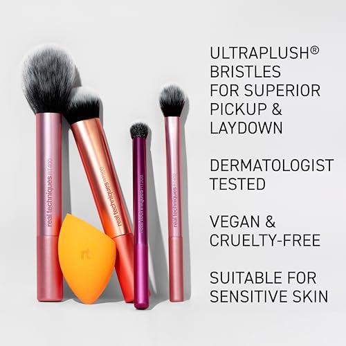 Real Techniques 6 Piece Everyday Essentials Makeup Brush Set, Includes 4 Brushes & 2 Makeup Sponges for Foundation, Blush, Bronzer, Contour, Eyeshadow & Powder, Travel Gift Set, Cruelty-Free & Vegan