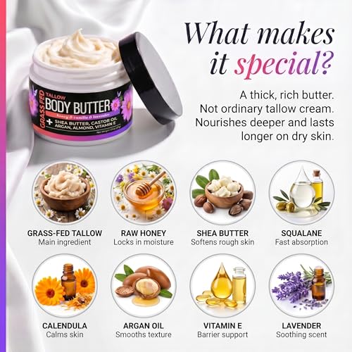 SELFWISE Beef Tallow Body Butter Cream - Grass-Fed Whipped Balm with Honey, Shea Butter, Castor Oil & Calendula - Non-Greasy, Long Lasting Hydration - for Extra Dry and Sensitive Skin.